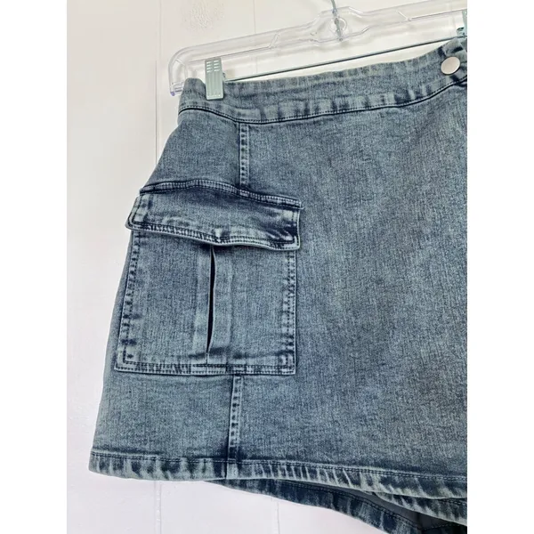 Flying Tomato Acid Wash Denim Cargo Skort Blue High Waist Wrap Front New - Image 4