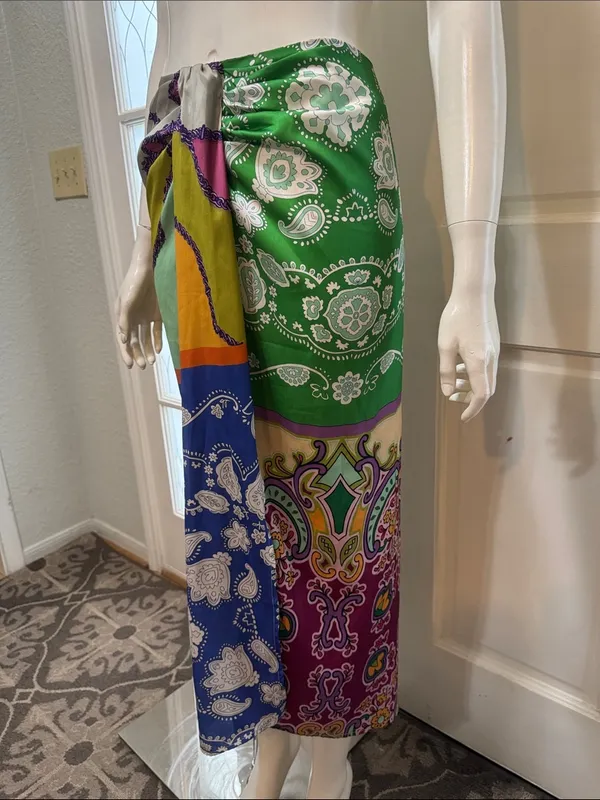 8 Birdies Colorful Paisley Print Knot Twist Midi Skirt Sarong Style Boho S S. A1 - Image 4