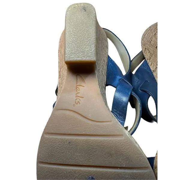 CLARKS Womens Size 10 Blue Cork Wedge Platform Leather Sandals Shoes Comfortable - Image 11