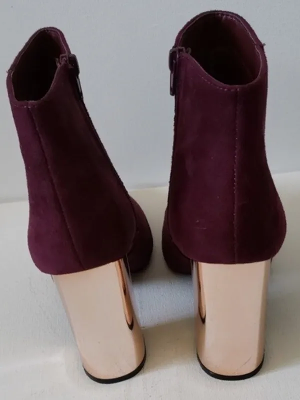 Women's Burgundy Egan Suede Ankle Boot with rose Gold Metallic Block Heel - Image 5