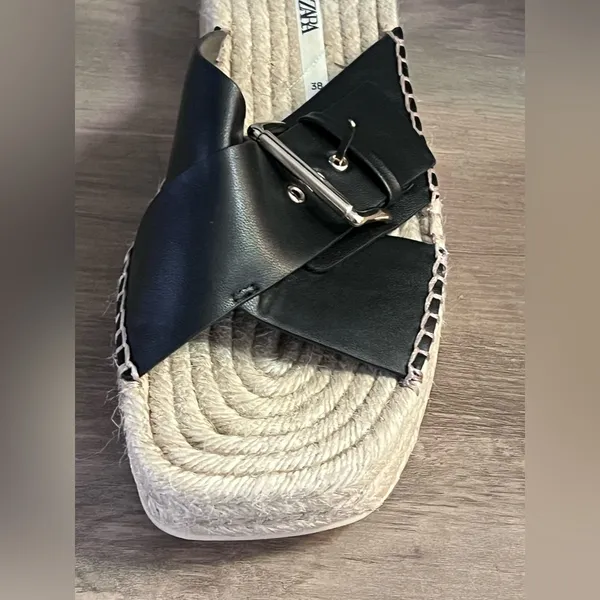 Zara Black Leather Espadrille JUTE WEDGE SANDALS - Image 10
