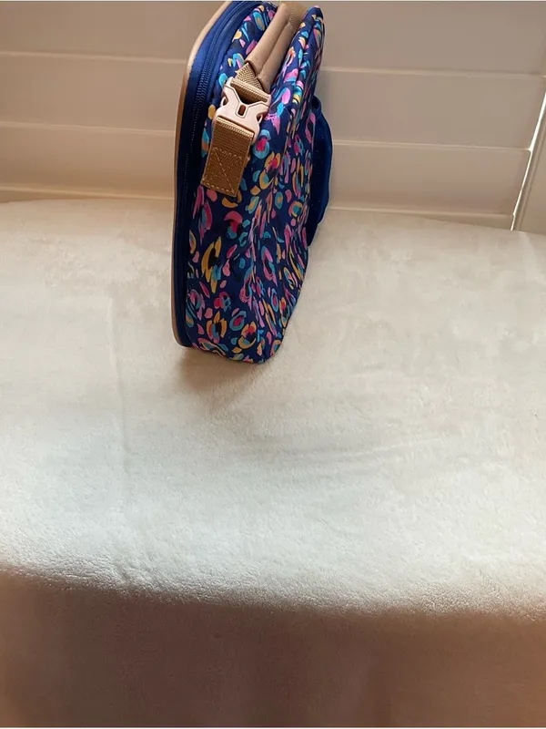 Navy Multicolor Printed Mini Crossbody Bag with Tan Trim - Image 4