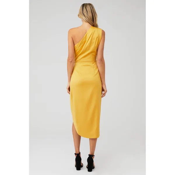 Elliatt Cassini One Shoulder Dress Size Medium Yellow Turmeric Draped Midi Satin - Image 3