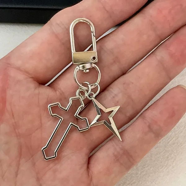 Cross Star Keychain Charm for Men Women Car Keychain Key Ring Bag Charm Silver - Image 4