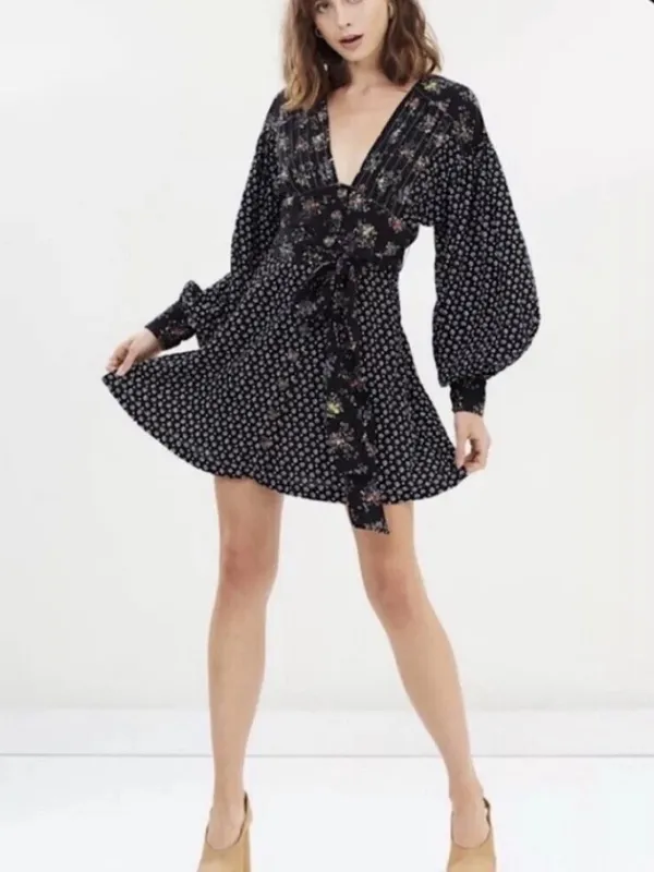 FREE‎ PEOPLE Wonderland Mini Dress Black Floral Mixed Pattern Tie Waist - Image 12