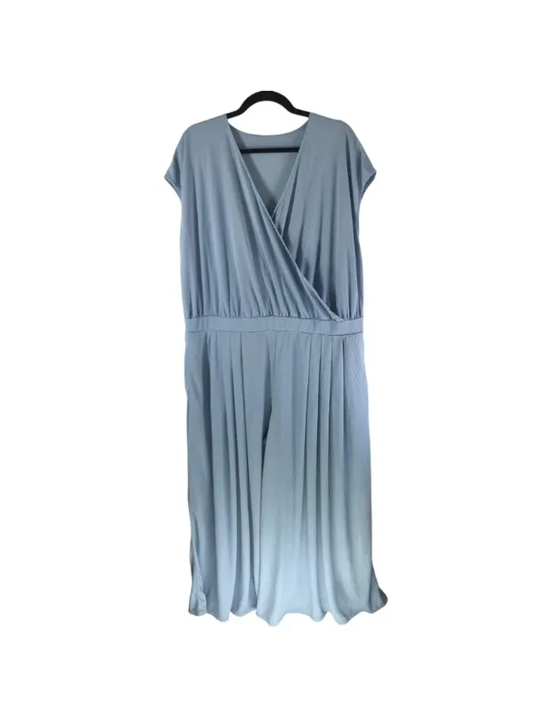 Halara V Neck Short Sleeve Pockets Wide Leg Flowy Waffle Jumpsuit Blue 2X - Image 4