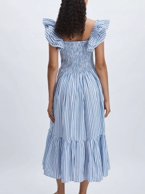 Mille Olympia Linen Midi Dress Size Small Smocked Tiered Ruffle Sleeve - Image 3