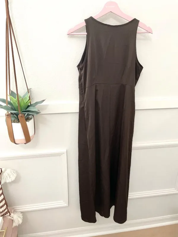 NWT Rachel Zoe Brown Sleeveless Maxi Dress with Pockets Empire Waist XS Satin - Image 3