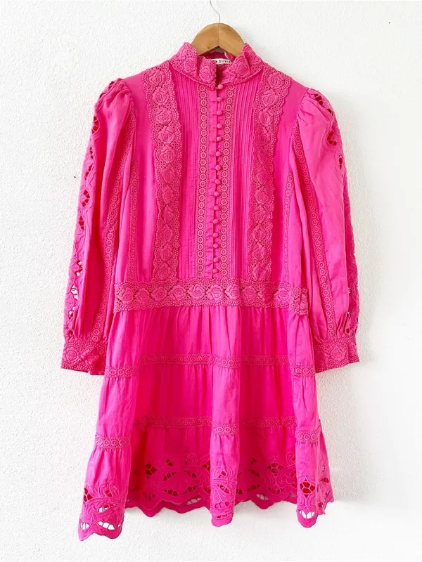 Alice + Olivia Clark Pink Embroidered Crochet Lace Tiered Mini Dress - Image 3