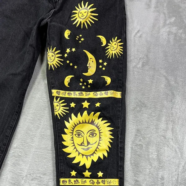 Womens M Graphic Yellow Sun Moon Stars Denim Black Straight Jeans Boho - Image 3