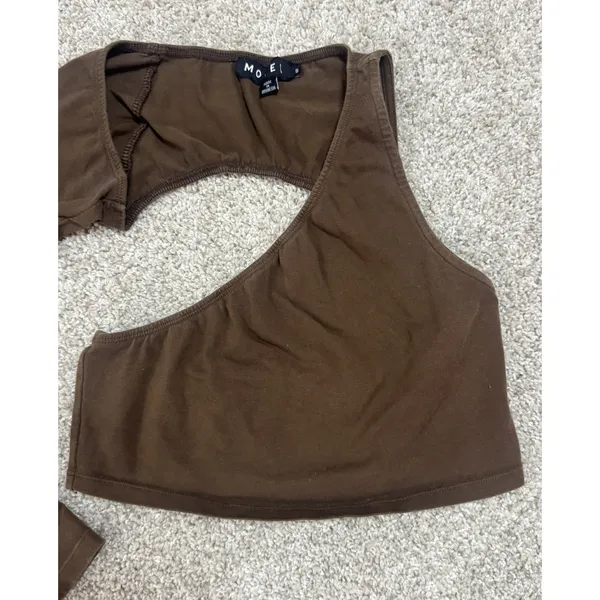 Motel Brown Asymmetrical One Shoulder Long Sleeve Crop Top Size Small - Image 3