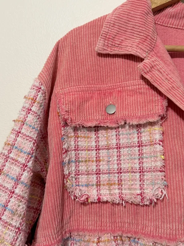POL Pink Tweed Shirt Jacket Size Medium Shacket Patchwork Boho - Image 5