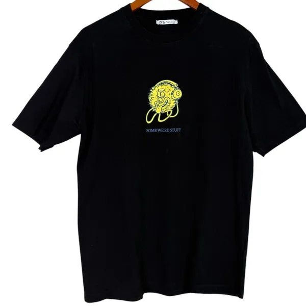 Zara Some Weird Stuff Graphic Oversized Relaxed Fit Basic T Shirt M Black Yellow - Image 3