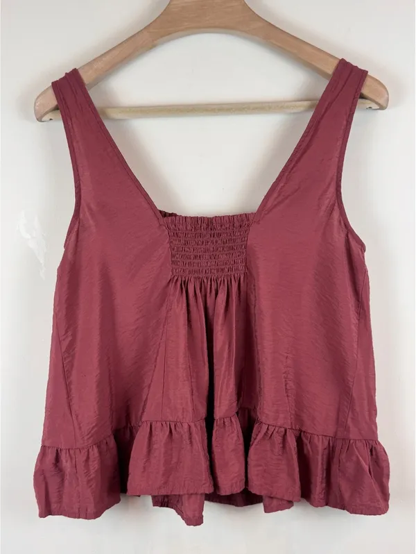 Maeve Anthropologie Smocked Ruffle Hem Swing Tank Top Burgundy Mauve Size M - Image 8