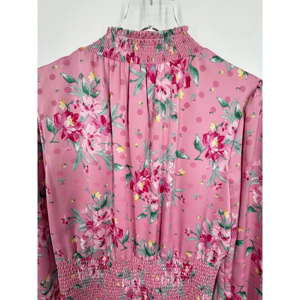 Wayf blouse women's large smocked high neck satin floral balloon sleeve pink - Image 5