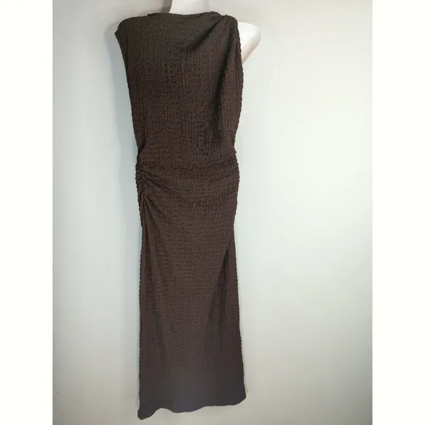 Zara Expresso Brown Textured Knot Ruched Side Maxi Dress LARGE Modest‎ Preppy - Image 10