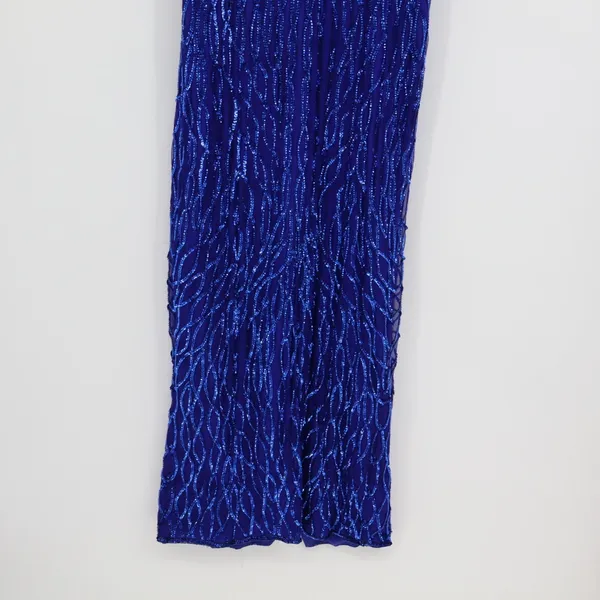 Vintage Silk Sequin Evening Gown Maxi Dress Lined Blue Elegant Zipper M/L 19"P2P - Image 3