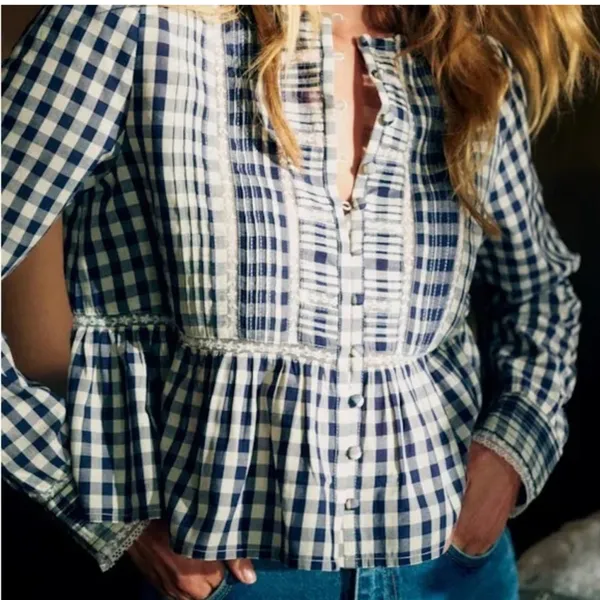 Sezane Charlina Blouse Checkered Blouse - 38 - Image 2