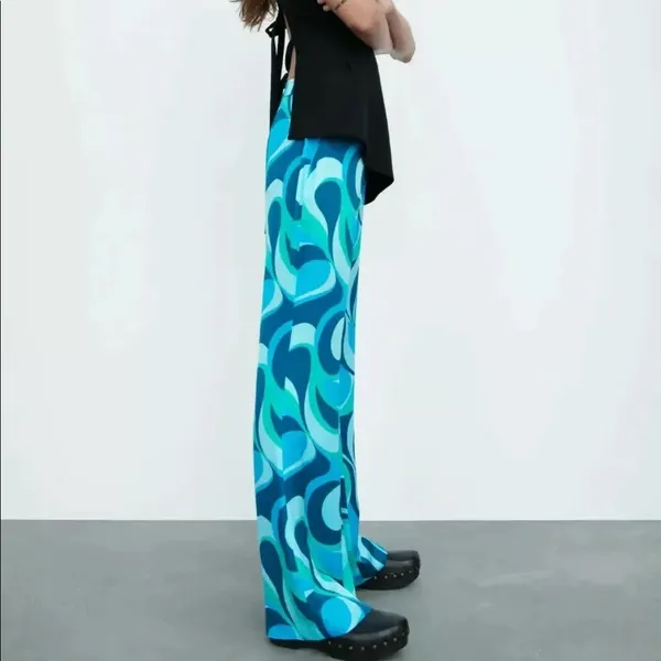 ZARA HIGH-WAIST WIDE-LEG FLOWING TROUSERS BLUE‎ Small - Image 2