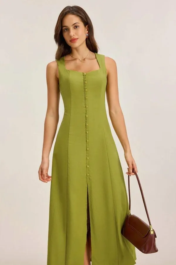 Rihoas Green Square Neck Button Sleeveless Midi Dress - Image 4