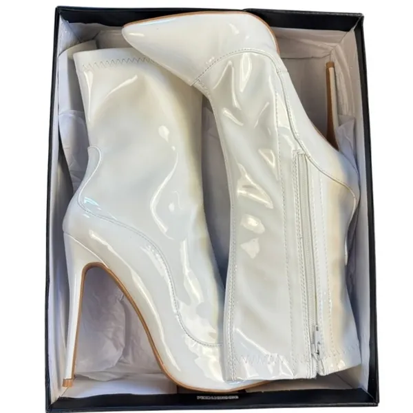 PrettyLittleThing‎ White PU Point Toe Mid Heeled Ankle Sock Boot Sz 9 Stiletto - Image 2