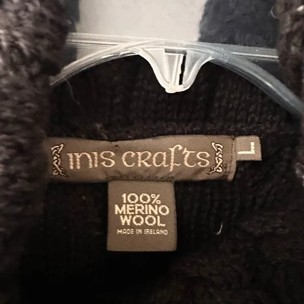 Inis Crafts Ireland Merino Wool Black Cable Knit Turtleneck Sweater Large Cozy - Image 6