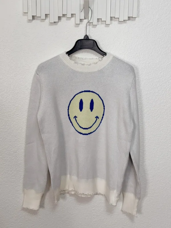 Miss Sparkling Smiley Face Graphic Distressed Knit Crewneck Sweater - Image 2