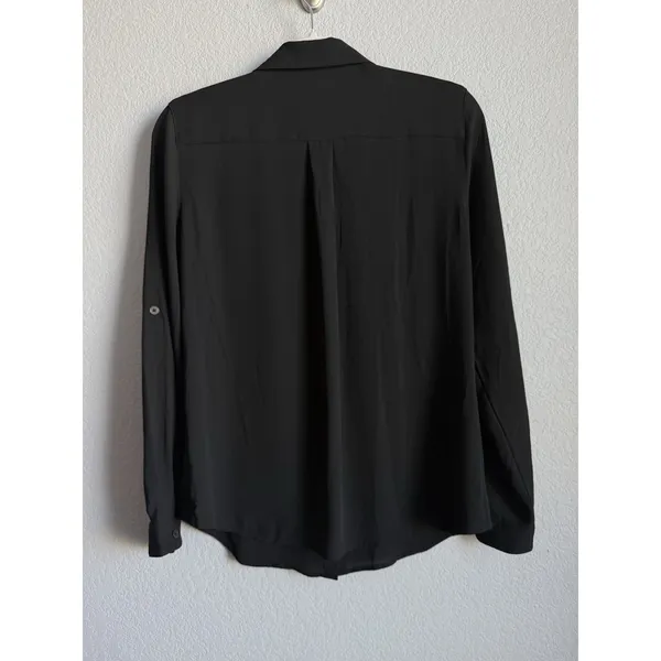 LOFT Black Utility Blouse Shirt Long Sleeve Roll Tab Button Down Pocket Top S - Image 2