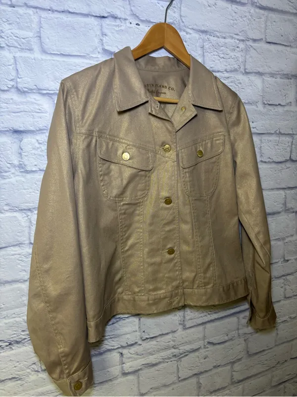 Lauren Jeans Co Ralph Lauren Women's Demin Gold Metallic Button Up Jacket Sz L - Image 7