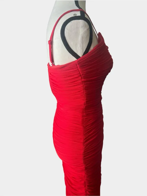 Dress the Population Ferra Rouge Red Ruched Midi Dress XS Strapless - Image 5
