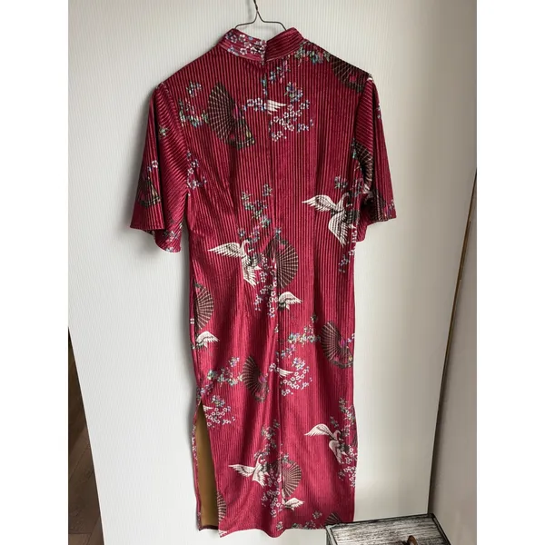 Burgundy Red‎ Crane Floral Pleated Qipao Cheongsam Dress Mandarin Collar L - Image 5