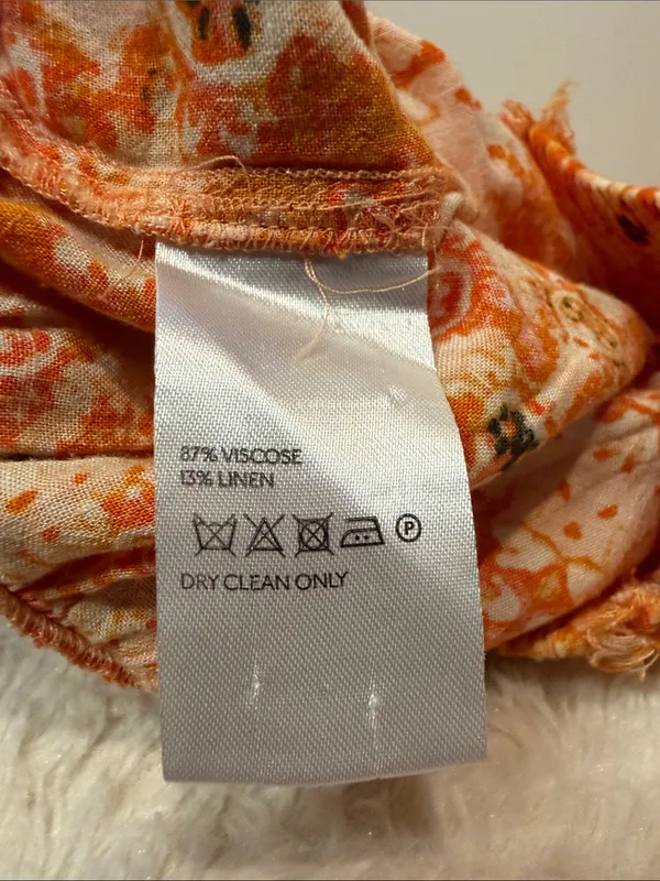 Free People Linen Blend Orange Print Raw Hem Elastic Waist Mini Skirt SZ XS - Image 6