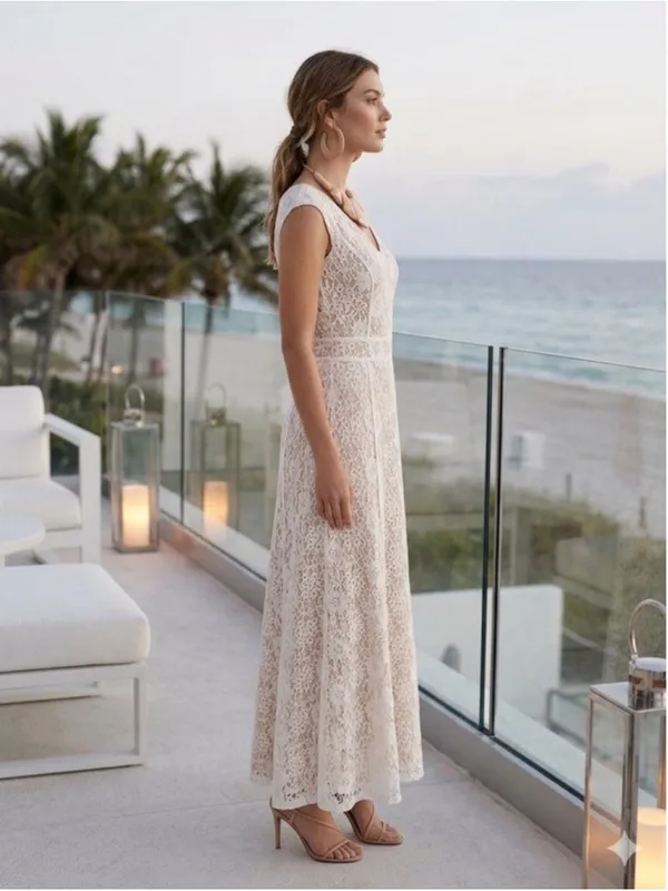 White Lace Overlay Maxi Dress V-Neck Nude Lining Resort Vacation Formal Boho M - Image 2