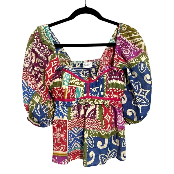 Dress Forum Los Angeles NWOT Multicolor Patchwork Square‎ Neck Puff Sleeve Top - Image 3