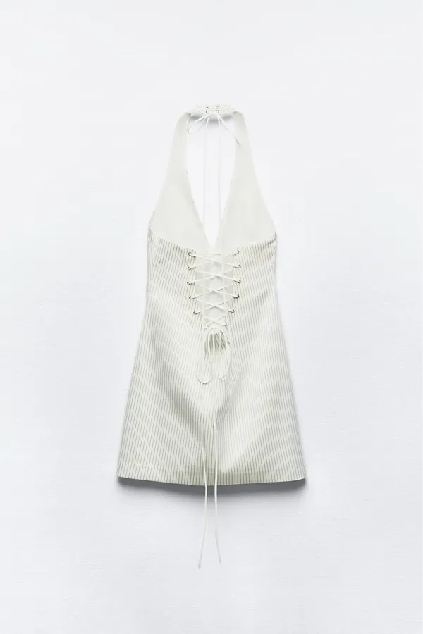 Zara dress mini halter neck striped white back tied casual summer vacation - Image 6