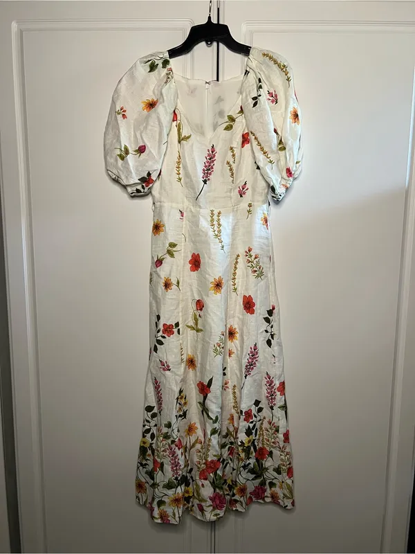 & Other Stories 100% Linen Floral Puff Sleeve Midi Dress - Image 6
