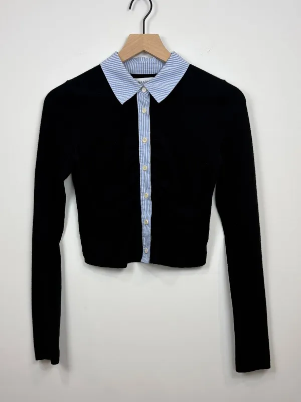 🌟 Naadam 🌟 Mixed Media Collared Sweater Cardigan Cotton Cashmere Black Sz S - Image 2