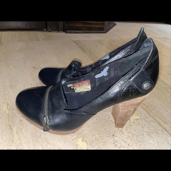LONDON UNDERGROUND Black Leather Chunky Steampunk Zipper‎ Pumps Shoes Size 8 - Image 3