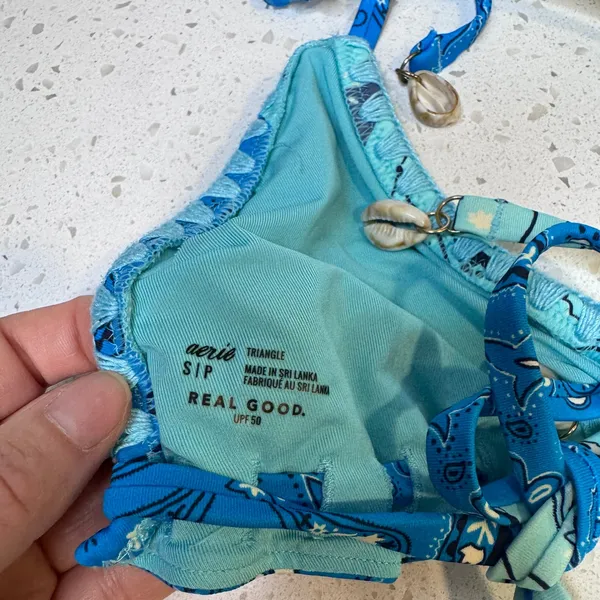 Aerie Real Good Blue Patchwork Paisley Triangle Bikini Top Cowrie Shells Small S - Image 6