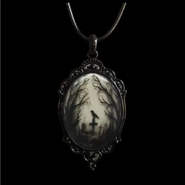Gothic Crow Forest Cameo Pendant Necklace A Stylish‎ Rope Necklace - Image 6