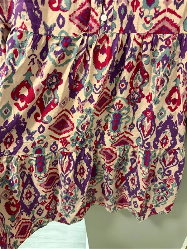 Beach Lunch Lounge Boho Ikat Tiered Mini Dress Pink Purple XS - Image 4