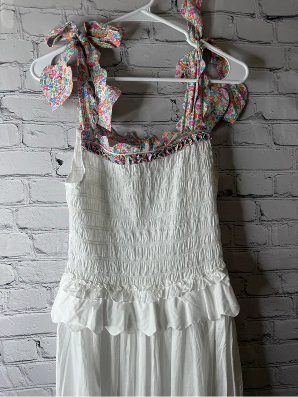 Horror Vacui White Maxi Sundress with Floral Tie Straps small - Image 3