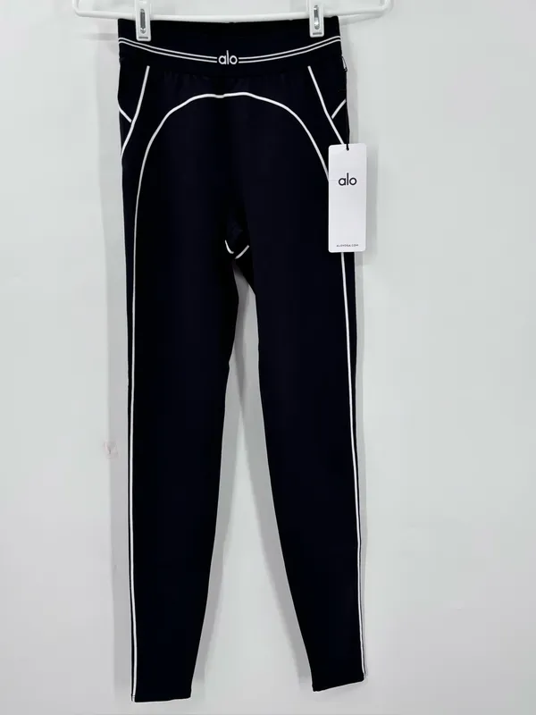 ALO Yoga Black Leggings with White Piping - Image 3