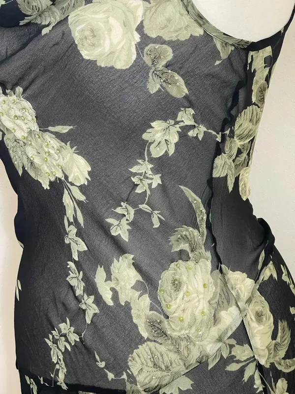 Whimsical Sheer Beaded Black Floral Cowl Neck Asymmetrical Slip Dress - Image 4