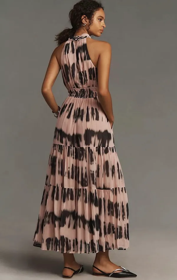 Anthropologie The Somerset Maxi Dress Halter Tiered Pink Black Tie Dye Size S - Image 2