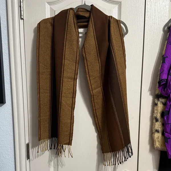 💙💖 100%‎ Cashmere Striped Brown Scarf Fringe Old Money Minimalist Winter - Image 2