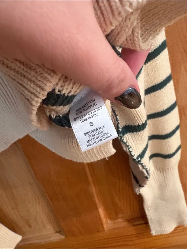 Altar'd State Cream & Dark Green Striped Cropped Crew Sweater - Image 4