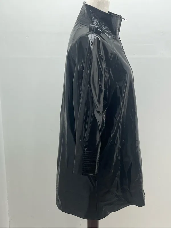 WD NY Black Patent Leather Faux Vinyl Leopard Print Lining Trench Coat Size 8 - Image 6
