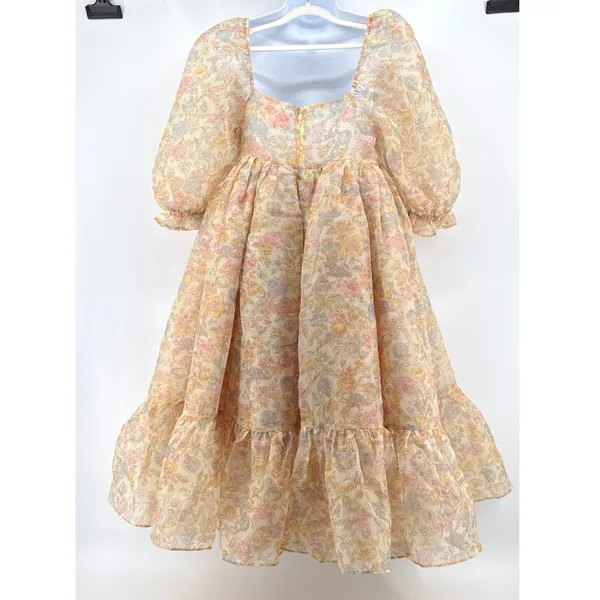 Selkie Hans Christian French Puff Dress‎ Yellow Floral Organza Midi Medium EUC - Image 8