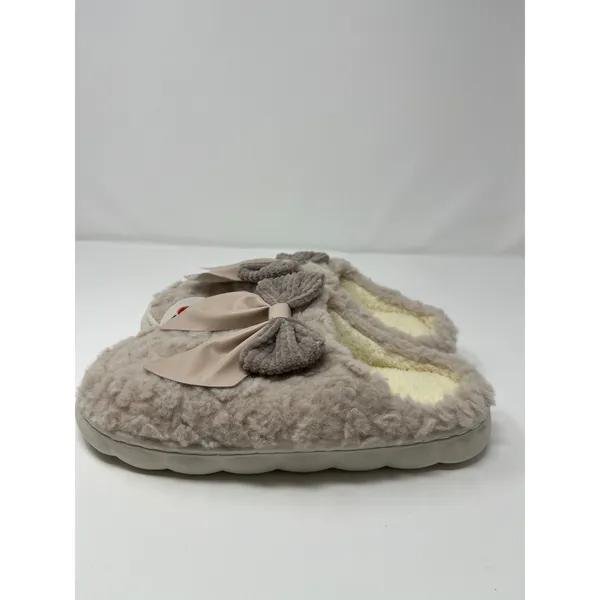 Womens Taupe Fuzzy Faux Fur Scuff Slippers Double Bow Detail Women 8 Soft Girl - Image 5